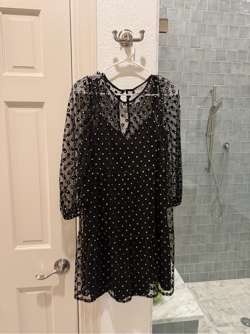LOFT Black Mesh Mini Dress with Gold Polka Dots